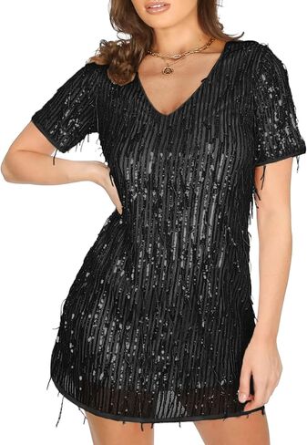 ZAFUL Women's Sequin Dress Sparkly Glitter Tassel Sexy V Neck Short Sleeve Bodycon Dress Sparkle Cocktail Party Club Dress in Saudi Arabia
