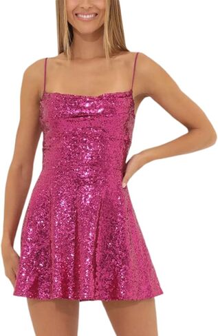 فستان نسائي قصير مزين بالترتر اللامع وحزام سباغيتي بدون ظهر على شكل حرف A من الخلف مجوف بخصر عالٍ فستان أنيق للحفلات in Kuwait