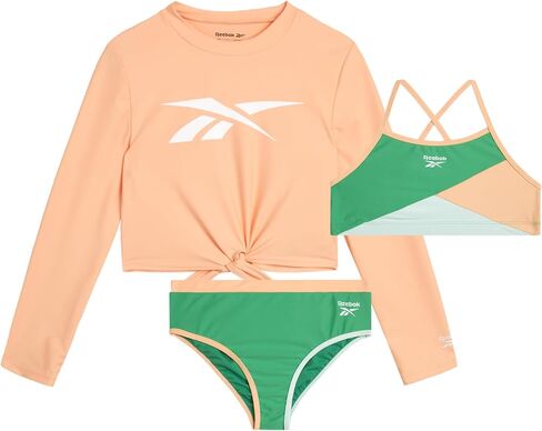 مجموعة Rash Guard للفتيات من ريبوك - 3 قطع قميص سباحة بأكمام طويلة بعامل حماية من الأشعة فوق البنفسجية 50+ مع بدلة سباحة بيكيني - مجموعة ملابس سباحة للفتيات (4-12) in Saudi Arabia