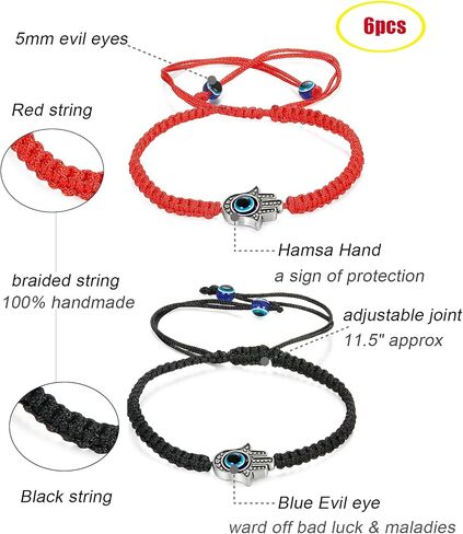 LOYALLOOK 6pcs Braided String Kabbalah Bracelets Rotating Evil Eye Hamsa Hand for Protection Bracelet Red/Black String in Kuwait