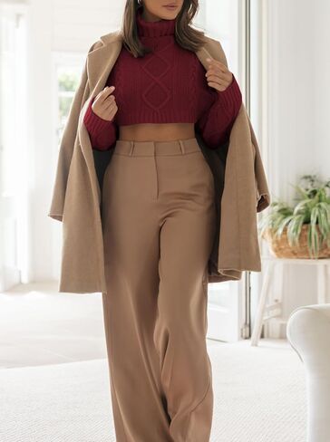 سترة Sovoyontee النسائية لخريف 2023 ذات الياقة المدورة المقصوصة كابل متماسكة وأكمام طويلة بلوفر لطيف بلوفر علوي in Kuwait