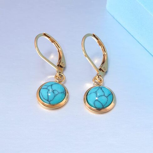 أقراط متدلية من الفولاذ المقاوم للصدأ باللون الفيروزي للنساء والفتيات أقراط متدلية من الأحجار الكريمة 10 مم in Kuwait