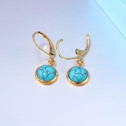 أقراط متدلية من الفولاذ المقاوم للصدأ باللون الفيروزي للنساء والفتيات أقراط متدلية من الأحجار الكريمة 10 مم in Kuwait