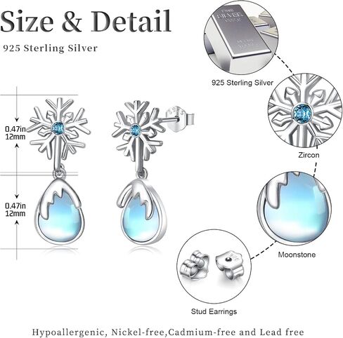 925 فضة ندفة الثلج أقراط Moonstone استرخى أقراط هيبوالرجينيك القرط الشتاء مجوهرات هدايا عيد الميلاد للنساء الفتيات in Kuwait