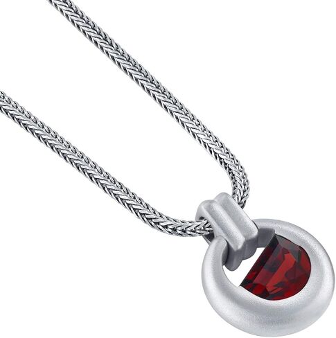 Peora Garnet Amulet Pendant Necklace for Men in Sterling Silver, 4.50 Carats Half Moon Shape, Brushed Finished, with 22-Inch Italian Chain in Saudi Arabia