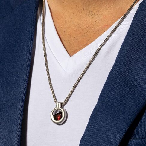 Peora Garnet Amulet Pendant Necklace for Men in Sterling Silver, 4.50 Carats Half Moon Shape, Brushed Finished, with 22-Inch Italian Chain in Saudi Arabia