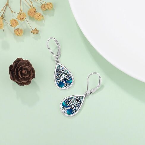 أقراط Odinstone 925 من الفضة الإسترليني على شكل قطة/شجرة الحياة/حجر القمر/دمعة تخريمية متدلية على شكل قطرة ليفرباك للنساء والفتيات in Kuwait