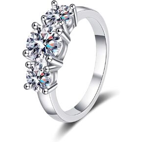 14K Solid White Gold Three Stone 2 Carats Moissanite Engagement Ring for Women D Color VVS Lab Created Diamond Round Cut Love Gifts for Her