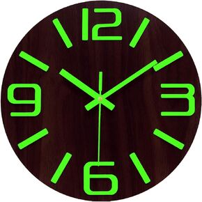 Plumeet Luminous Wall Clock - 12'' Non-Ticking Silent Wooden Clocks with Night Light - Large Decorative Wall Clock for Kitchen Office Bedroom,Battery Operated (Brown Face)