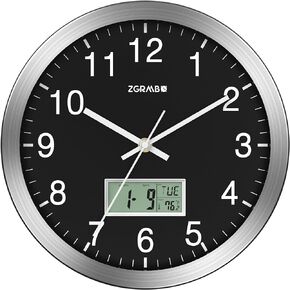 12" Atomic Analog Wall Clock with Digital Date, Week & Indoor Temp - Battery Operated Atomic Wall Clock, Auto Sets, Auto DST, Silver Brushed Finish, Easy to Read, Style fits Any Decor (Silver & Black)