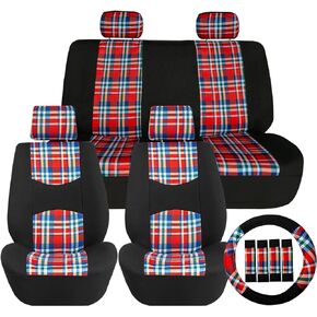 FH Group Car Seat Covers Full Set Plaid Print Cloth - Universal Fit Automotive Seat Covers, Low Back Front Seat Covers, Solid Back Seat Cover, Washable Car Seat Cover for SUV, Sedan, Van Red