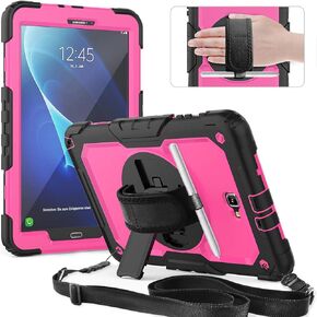 حافظة Timecity لجهاز Samsung Galaxy Tab A إصدار 10.1 بوصة 2016، حافظة SM-T580 T585 T587، حافظة حماية شديدة التحمل مع واقي شاشة، حامل، حزام يد وحامل قلم حزام الكتف - أسود