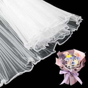 KIMOBER 2 Pack 4.37 Yards White Flower Wrapping Mesh Paper,Pearl Edge Wrinkled Wavy Net Yarn Flower Wrapping Mesh Paper for Valentine's Day Mother's Day Wedding Florist Supplies (White)