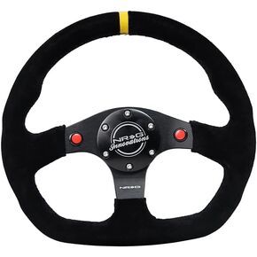 NRG Innovations NRG-RST-024D-MB-S-Y Reinforced Steering Wheel 320mm Sport Suede Dual Push Buttons Flat Bottom with Yellow Center Mark