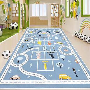 Hopscotch Car Rug 10Ft Extra Large Blue Kids Play Mat Rainbow Classroom Rug for Kids Girls Bedroom Carpet Educational Learning Area Rug Children Rug Preschool Car Road Rug, 6.6x9.8Ft