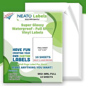 Printable Vinyl Sticker Paper (8.5" x 11") - 10 Super Glossy Waterproof Labels for Inkjet and Laser Printers - Premium White Full Sheets - Strong Adhesive - Tear Resistant