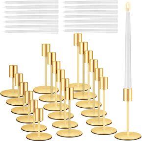 Suclain Candlestick Holders with White Taper Candles Candle Sticks Metal Tall Taper Candle Holder Centerpiece for Valentine's Day Table Wedding Dining Decorative(White, 12 Set)