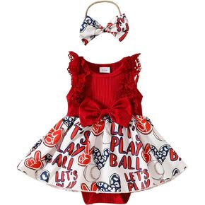 Baby Girl 4th of July Outfit Baseball Onesie Sleeveless Romper Dress Fourth of July Jumpsuit Memorial Day Clothes