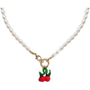 Cute Cherry Pendant Necklaces Faux Pearl Cherry Charms Necklace Kawaii Cherry Fruit Gold Chain Necklaces Fruits Cute Choker for Women Girls