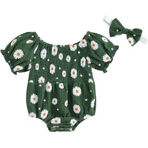 ZAXARRA Infant Baby Girl Romper Baby Girl Short Sleeve Pleated Romper Daisy Bodysuit with Headband Summer Clothes