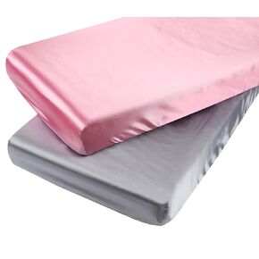 Satin Mini Crib Sheet Set 2 Pack Ultra Soft Silk Fitted Playard Sheet 24x38 Inch Protect for Baby Hair and Skin, Grey & Pink