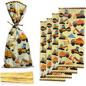 50 Pieces Construction Theme Cellophane Bags Construction Theme Goodie Favor Bags, Truck Themed Candy Treat Bags Gift Bags with 50 Pieces Golden Twist Ties for Kids Boys Party Supplies Decorations
