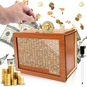 صندوق نقود خشبي على شكل خنزير للأطفال والكبار - صندوق توفير أموال نقدي قديم مع عداد لهدف التوفير، وتوفير المال مع العد التنازلي وهدف المال - أفضل هدية للأولاد والبنات