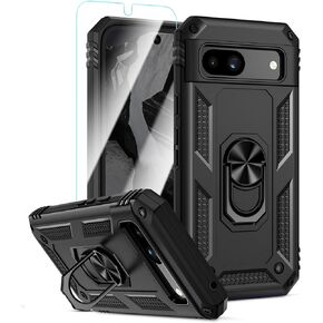 Caka for Google Pixel 8a Case, Pixel 8a Case with Tempered Glass Screen Protector, Rotated Ring Kickstand Holder Military Grade Shockproof Protective Case for Google Pixel 8a Case Blue