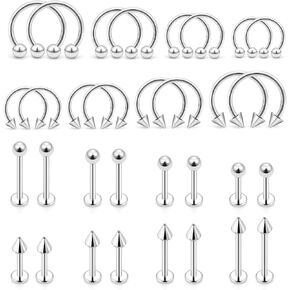 Lip Rings 32PCS Labret Jewelry Monroe Lip Ring Snake Bite Piercing Jewelry 16G Helix Earring Daith Tragus Cartilage Studs Surgical Steel Piercing Jewelry for Women Men