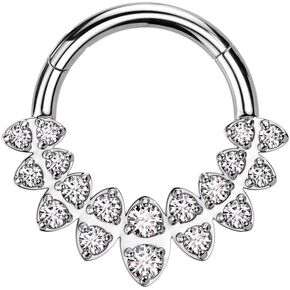 Pierced Owl 16GA 316L Stainless Steel Round CZ Crystal Marquise Fan Hinged Segment Ring