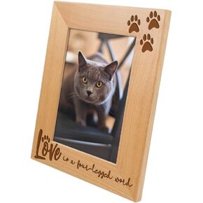 Love is a Four-Legged Word-Wood Engraved Pet Picture Frame with Glass,Dog Picture Frame,Cat Picture Frame,Dog Mom,Cat Dad,Paw Print,Pet Memorial Picture Frame,Pet Lover Gift (4x6 Vertical)