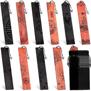 10 Pcs Wooden Bookmark Craft with 10 Pcs Velvet Bags Set Handmade Wooden Carving Book Mark with Porcelain Pendant for Women Men for Office Teacher Students Supplies (Noble Style)