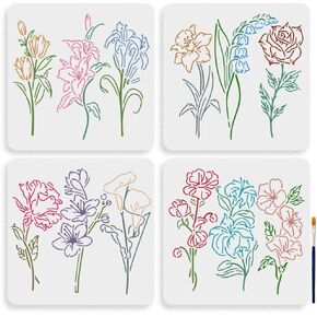 MAYJOYDIY 4pcs Balloon Party Stencil 11.8×11.8inch Large Heart Star Shaped Balloon Drawing Stencils with Painting Brush Reusable Flower Shaped Balloon Bow Stencils for Wood Canvas Paper Fabric