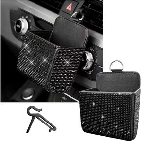 Car Vent Storage Organizer, Rhinestones Leather Air Vent Pocket, Bling Automotive Vent Pouch Box with Hook, Multipurpose Dashboard Air Vent Cell Phone Holder for Girl Women （Black）