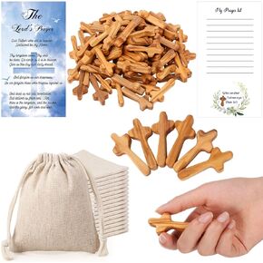 DoubleFill 80 Sets Small Olive Wood Crosses Mini Wood Pocket Hand Crosses 2.5 Inches Prayer Crosses Bulk Holy Land Jesus Crosses with Prayer Cards and Cotton Linen Bags for Easter Christian Church