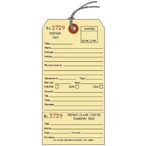 Repair Tag, Manila Cardstock (3.125" x 6.25"), w Tear-Off Claim Check, Black Ink w Sequential Red Numbers, Reinforced Hole w String Attached - Box of 500 Tags