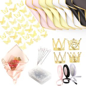 195 قطعة من لوازم إكسسوارات باقة الزهور، 40 ورق تغليف زهور، 48 فراشة 100 دبوس 4 تيجان 3 أشرطة، ورق تغليف زهور، بابيل كوريانو بارا راموس دي فلوريس بوشونس، ليستون كوروناس ماريبوساس in Kuwait