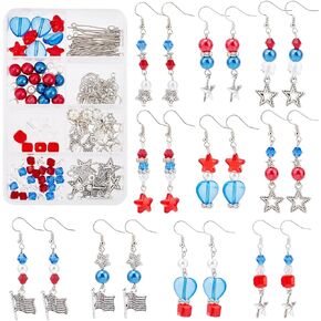 SUNNYCLUE 1 Box DIY 10 Pairs American Flag Charms USA Patriotic Red Blue Beads Dangle Earrings Making Kit 4th of July Independence Day Charm for Jewelry Making Starter Kits Craft Projects Instruction