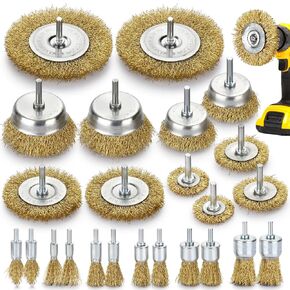 Wire Wheel for Drill - 24 Pack Brass Wire Wheel Cup Brush and End Brush Set, Wire Brush Drill Attachments, 1/4" Drill Shank, Carbon Steel Bristles, Wire Brush for Drill Rust Removal