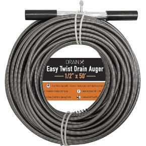 Drainx Easy Twist Drain Auger | Flexible Plumbing Cables for Cleaning Drainage Clogs Includes Storage Bag and Protective Gloves, 1/4" Diameter, 50 FT