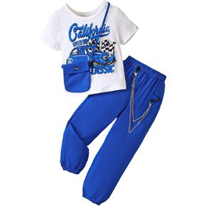 Floerns Girl's 3 Piece Outfit Car Print Short Sleeve Tee Shirt Pants Set with Bag