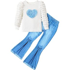 Floerns Girl's 2 Piece Outfit Puff Long Sleeve Tee Flare Leg Denim Pants Set
