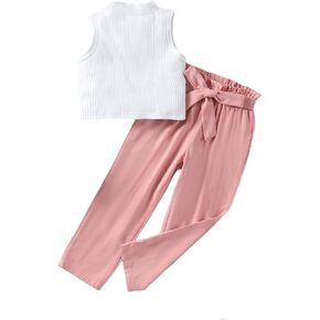 WDIRARA Toddler Girl's 2 Piece Outfit Mock Neck Crop Tank Top and Paperbag Waist Belted Pants Set