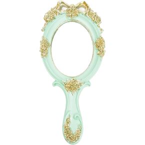 Handheld Mirror Vanity Makeup Mirror Travel Princess Metal Cosmetic Mirror Portable Oval Embossed Rose Mirrors Decorative Desk Girl Student Vintage Beautiful Handle Mirrors Pink-3