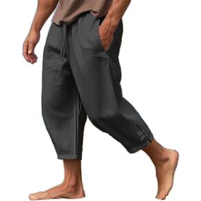 Mens Cotton Linen Pants Casual Drawstring Elastic Waist Yoga Pants Summer Beach Loose Trousers