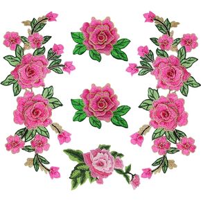 5Pcs Rose Flower Iron On Patches, Pink Floral Embroidered Patches Applique Sewing Patches for Dress Clothing, Bags, Jackets, Jeans DIY Embellishments Craft Decoration (Need to sew)