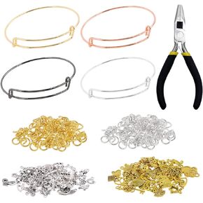 Swpeet 321Pcs 4 Colors Bulk Adjustable Wire Bangle Bracelet and Needle Nose Pliers with Lots Jewelry Making Tibetan Silver Charms Pendants Kit, Expandable Bangle Bracelet Open Jump Rings for Jewelry
