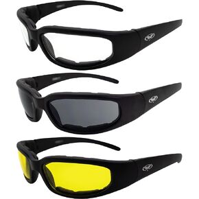 Global Vision Chicago Padded Motorcycle Riding Glasses Clear Smoke & Yellow 3 Pair Black Frame for Smaller Faces