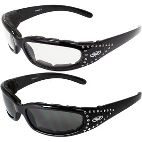 Global Vision Set of 2 Women Padded Motorcycle Sunglasses Riding Glasses Clear and Smoked Rhinestones With Vented EVA Foam Padding UV400 Filter for Maximum UV Protection