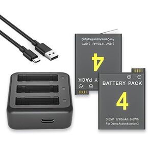 2-Pack Batteries Compatible with DJI Osmo Action 3 / Osmo Action 4 Camera Rechargeable Extreme Battery and 3-Channel Battery Charger